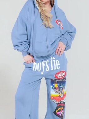Boys Lie Light Blue Graphic Sweatpants with Colorful Leg Panels